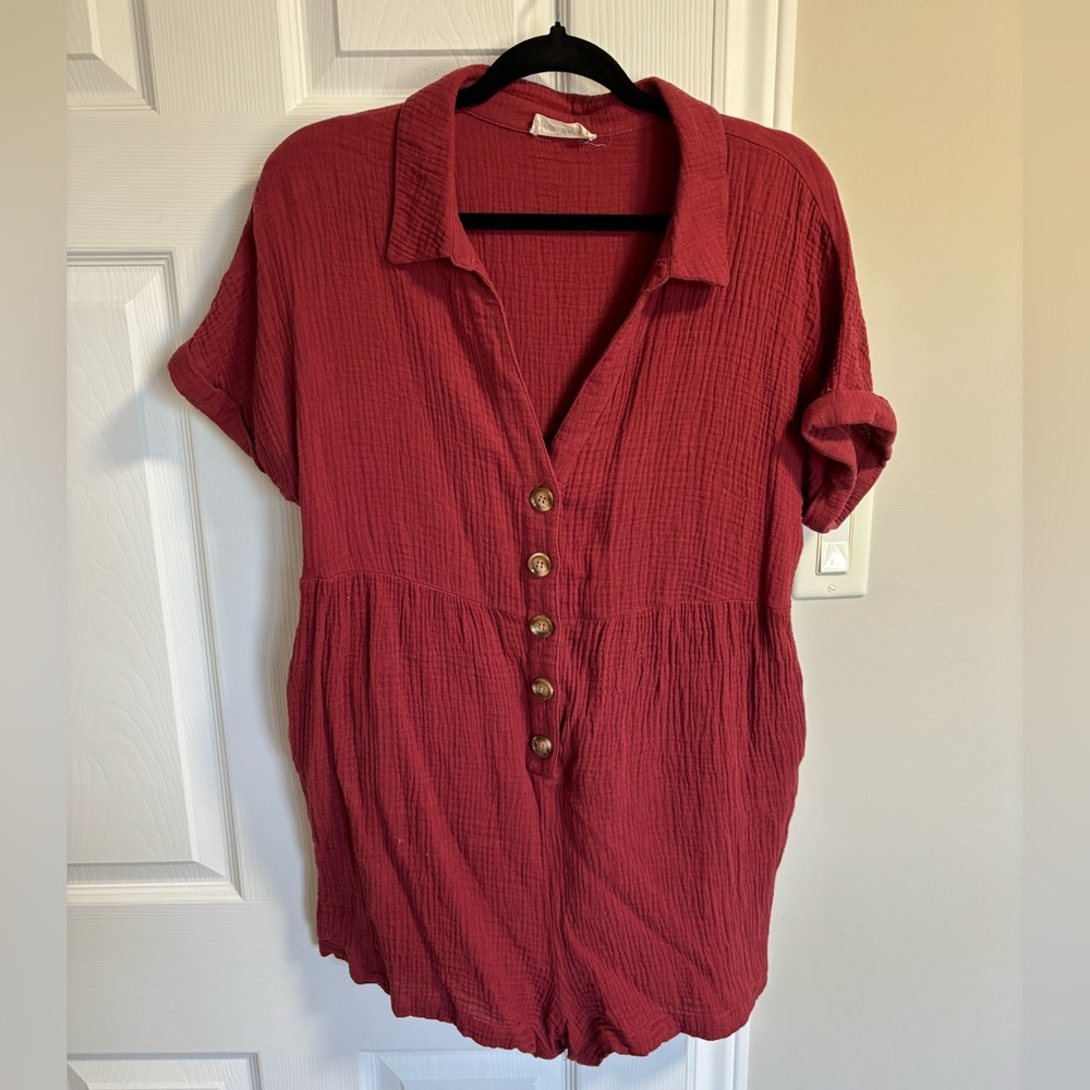 Women's Red Button-Up Romper